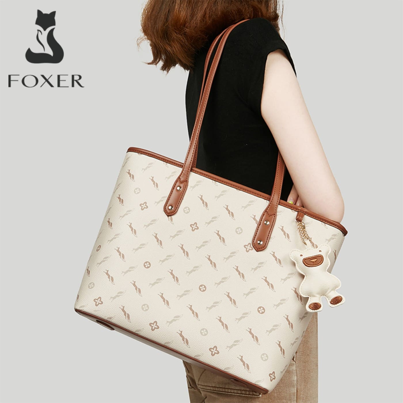 Δερμάτινη Γυναικεία Τσάντα PVC Shopper  Ωμου Foxer 900535F μπέζ/καφέ